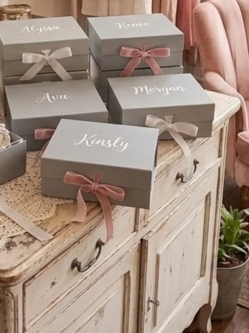 6 Personalized with pink name Gray Gift Boxes with Bows party favor b